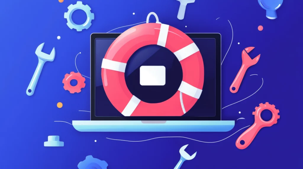 illustration of a MacBook wrapped with a lifebuoy