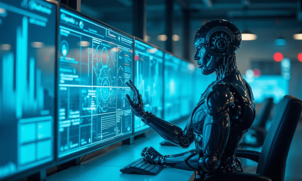 A futuristic corporate office where humans and AI-powered robots collaborate seamlessly