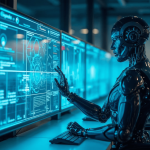 A futuristic corporate office where humans and AI-powered robots collaborate seamlessly