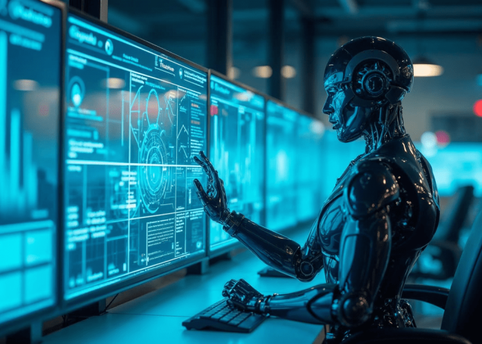 A futuristic corporate office where humans and AI-powered robots collaborate seamlessly