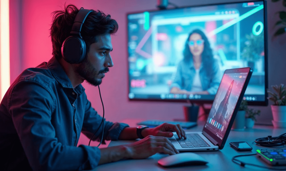 A futuristic scene where advanced technology and AI tools assist a content creator turning ideas into streams of income; cyberpunk aesthetic, high detail, glowing neon lights, dynamic composition.