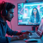A futuristic scene where advanced technology and AI tools assist a content creator turning ideas into streams of income; cyberpunk aesthetic, high detail, glowing neon lights, dynamic composition.