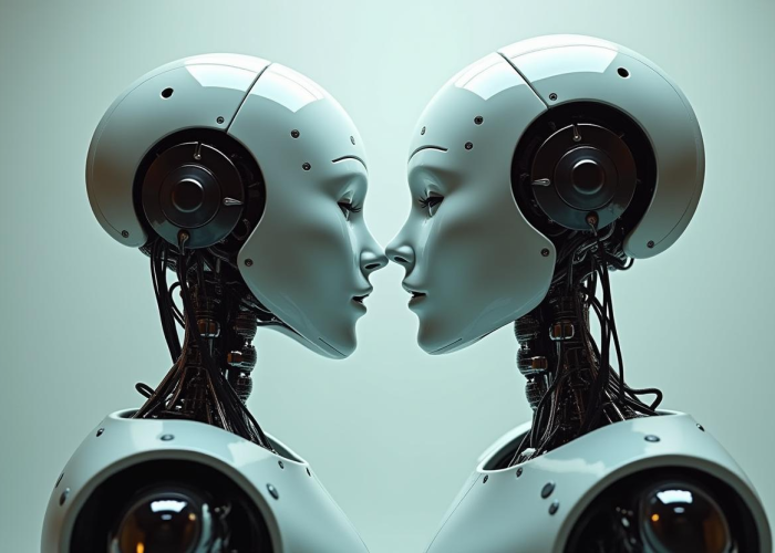 two machines robots kissing each other