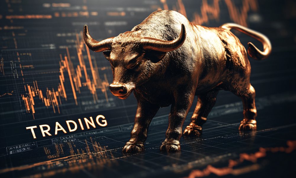 Golden bull with graphic elements related to the financial sector
