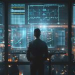 A businessman analyzing data on multiple screens in a hightech office